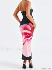 Sleeveless Strapless Bodycon Flower Print Midi Floral Dress Black / S