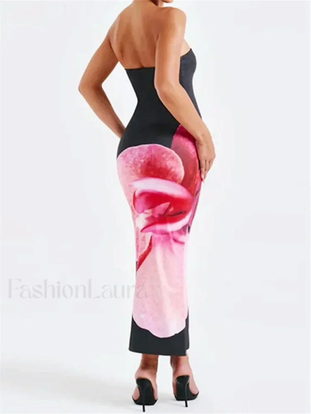 Sleeveless Strapless Bodycon Flower Print Midi Floral Dress Black / S