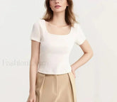 Slim Elegant Square Collar Cotton T Shirt