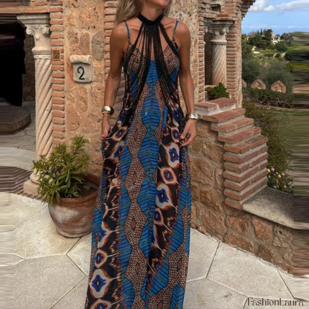 Slim Suspender Print Boho Dress