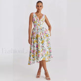 Slimming V Neck Midi Floral Dress