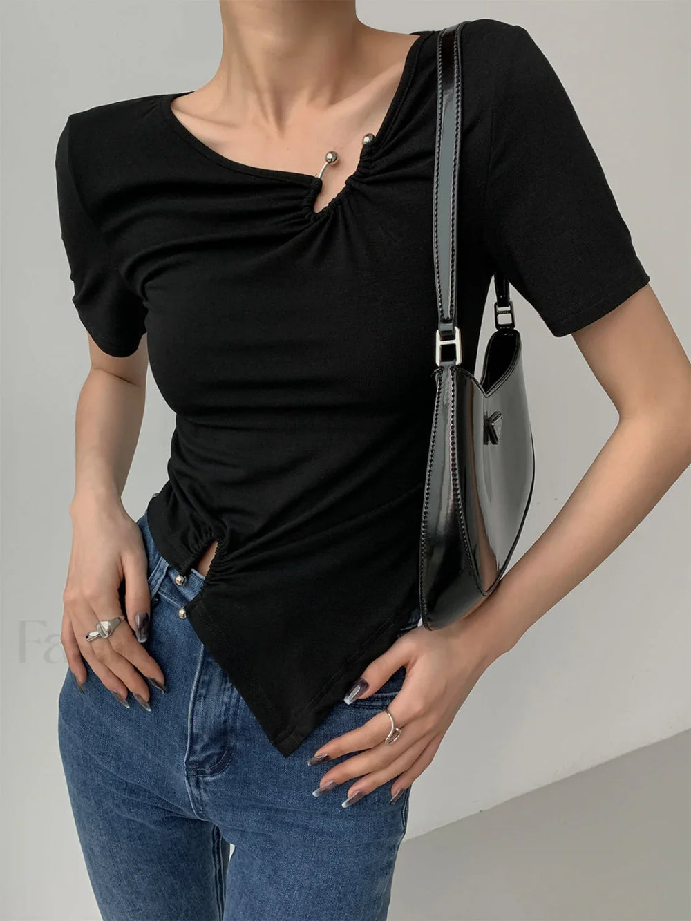 Slinky Metal Ring Trendy Short Sleeve Top Black / XS T Shirts