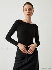 Slinky Ribbed Open Back Modern Crew Neck Long Sleeve Shirt T Shirts