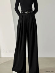 Solid Belted Pleated Trendy Wide Leg Pants Pants