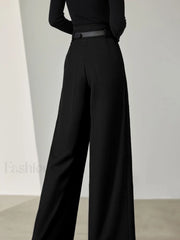 Solid Belted Pleated Trendy Wide Leg Pants Pants