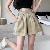 Solid Color A line High Waist Elastic Loose Shorts Khaki / S