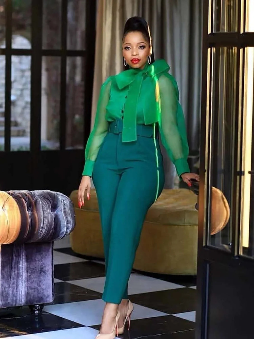 Solid Color Belted Pencil Pants Dark Green / M Pants