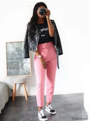 Solid Color Belted Pencil Pants Pink / M Pants