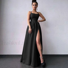 Solid Color High Split Lace Up Back Sleeveless Prom Maxi Dress Black M / Black Formal Dresses
