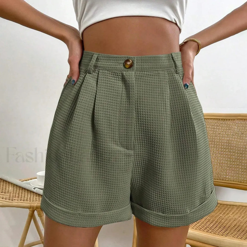 Solid Color Loose Office Lady Short Army Green / S