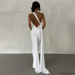 Solid Color One Shoulder Ruched Evening Maxi Dress Black L / Black Party Dresses L