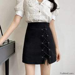 Solid Color Street A line Bandage Skirt Black / M