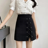 Solid Color Street A line Bandage Skirt Black / M