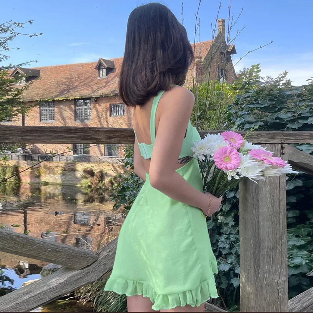 Solid Cutout Ruffle Mini Dress