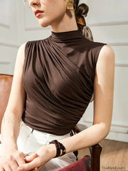 Solid Draped Graceful Crew Neck Top Brown / XS Tank Tops & Camis