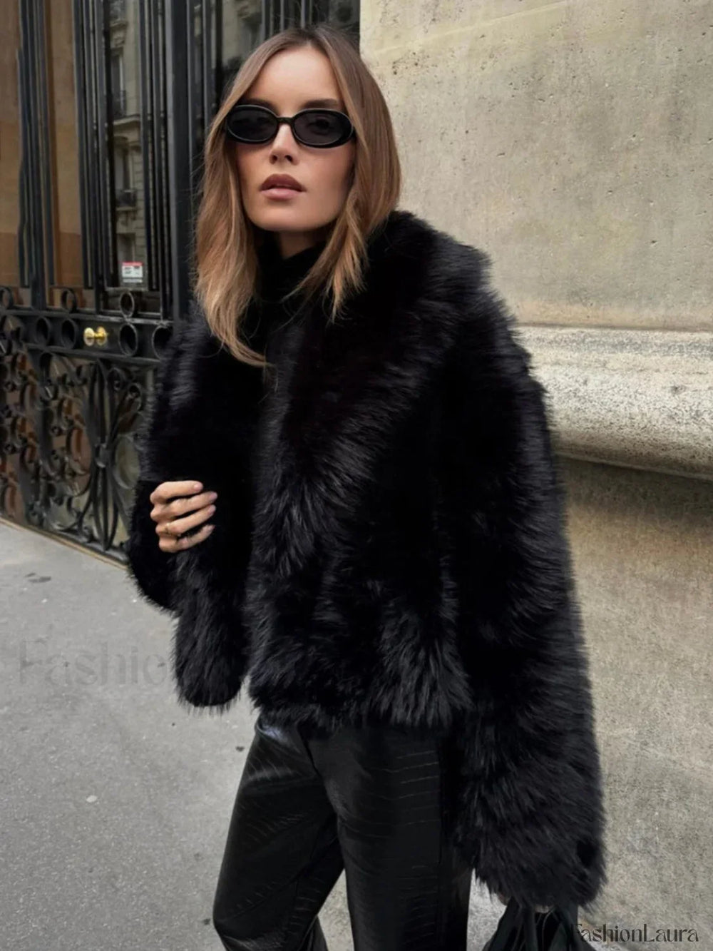 Solid Faux Graceful Fur Collar Jacket Black / XS Women Faux Fur Coats