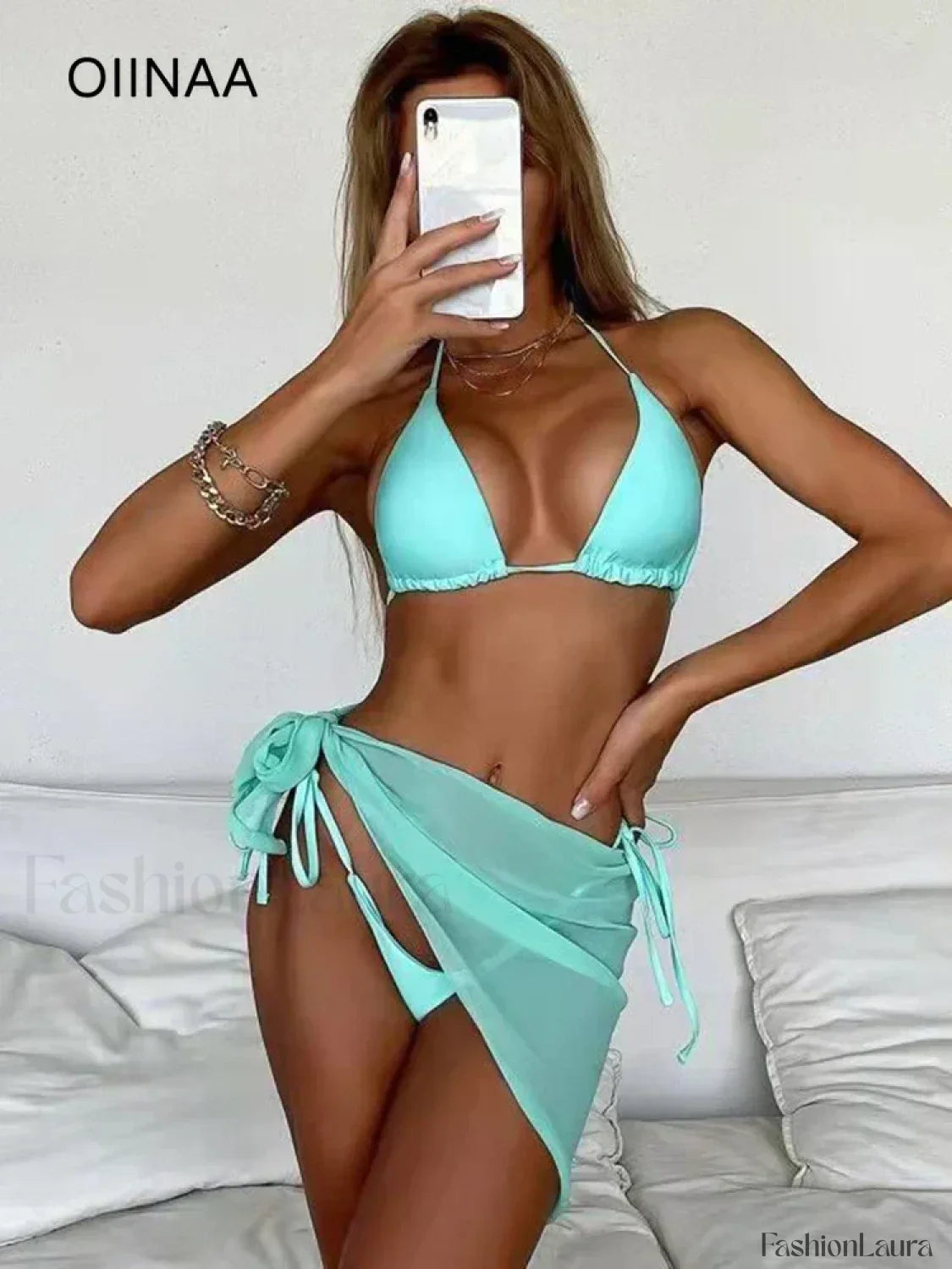 Solid Halter Lace Three Piece Set Light Green / S