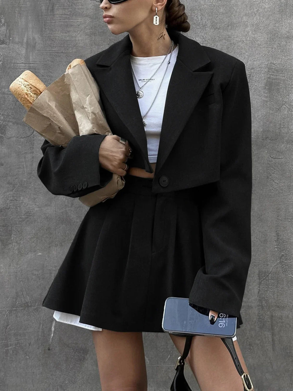 Solid Lapel Blazer Trendy Mini Skirt Set Black / S Skirt Sets