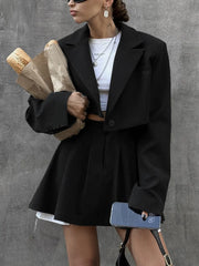 Solid Lapel Blazer Trendy Mini Skirt Set Black / S Skirt Sets