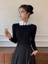 Solid Long Sleeve Floral Knit Top Black / XS Knit Tops