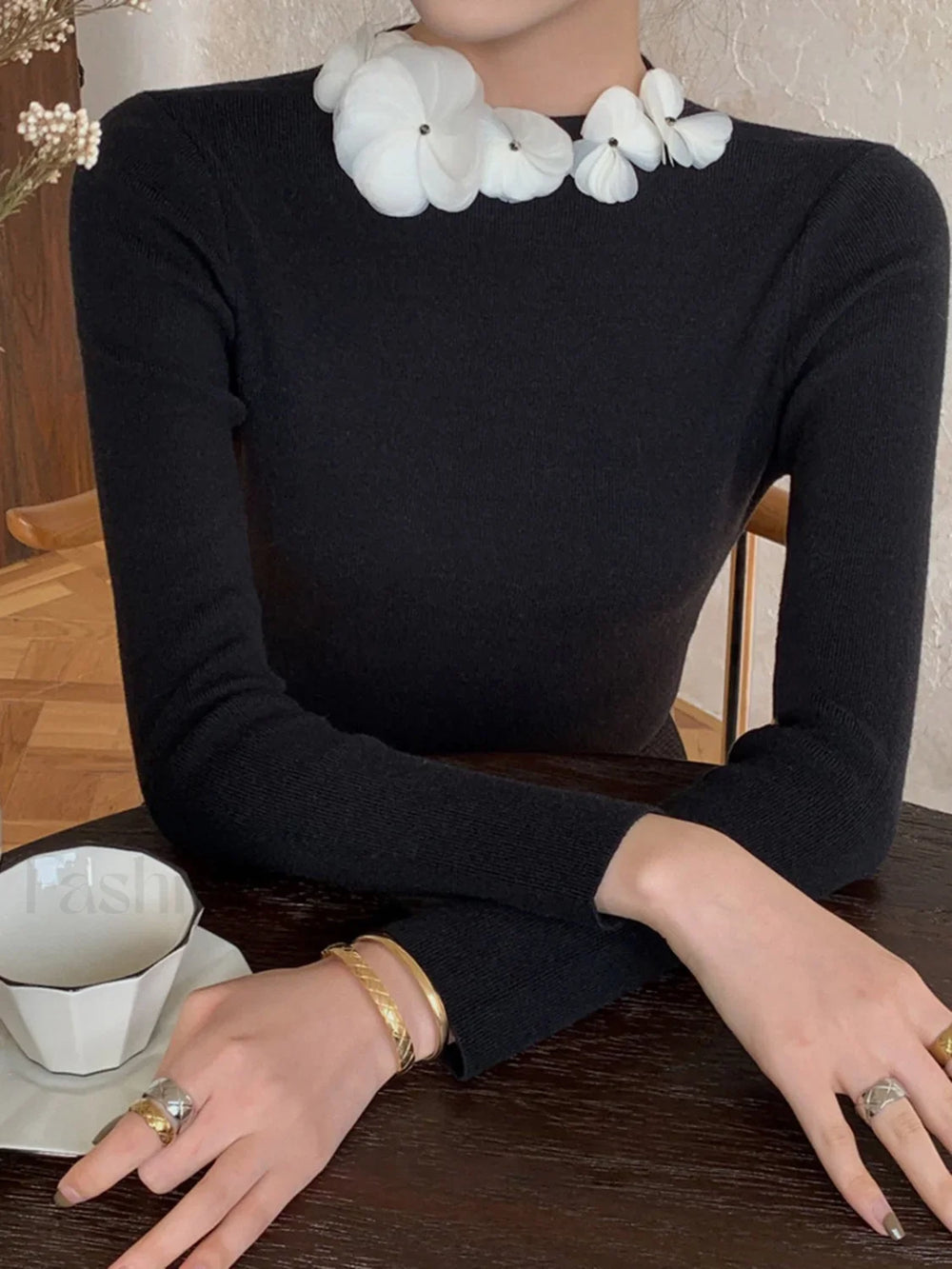 Solid Long Sleeve Trendy Floral Knit Top Sweaters L