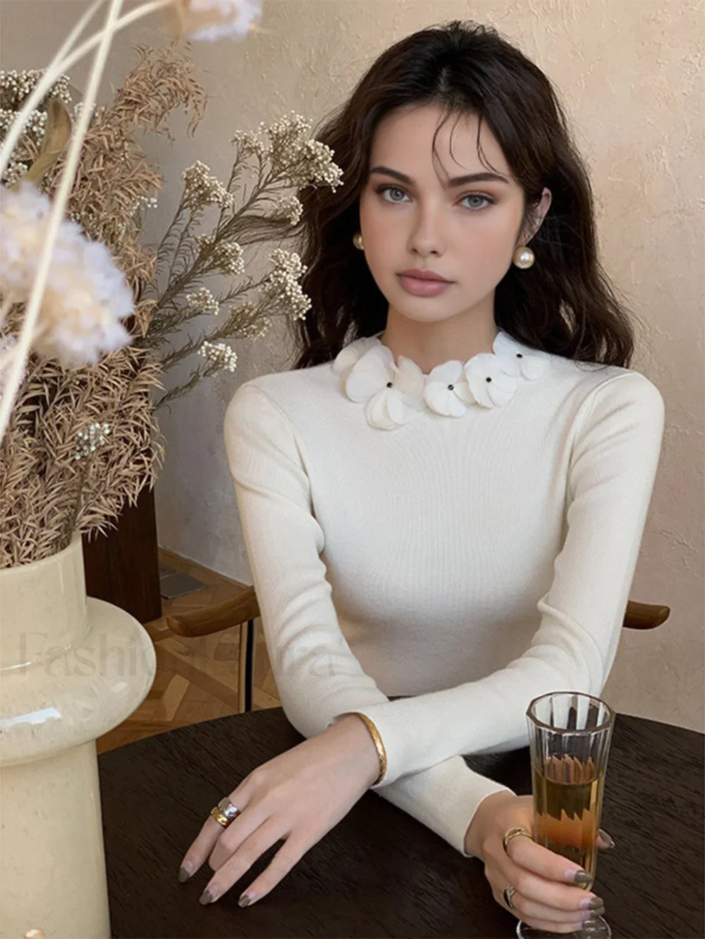 Solid Long Sleeve Trendy Floral Knit Top White / XS Sweaters L