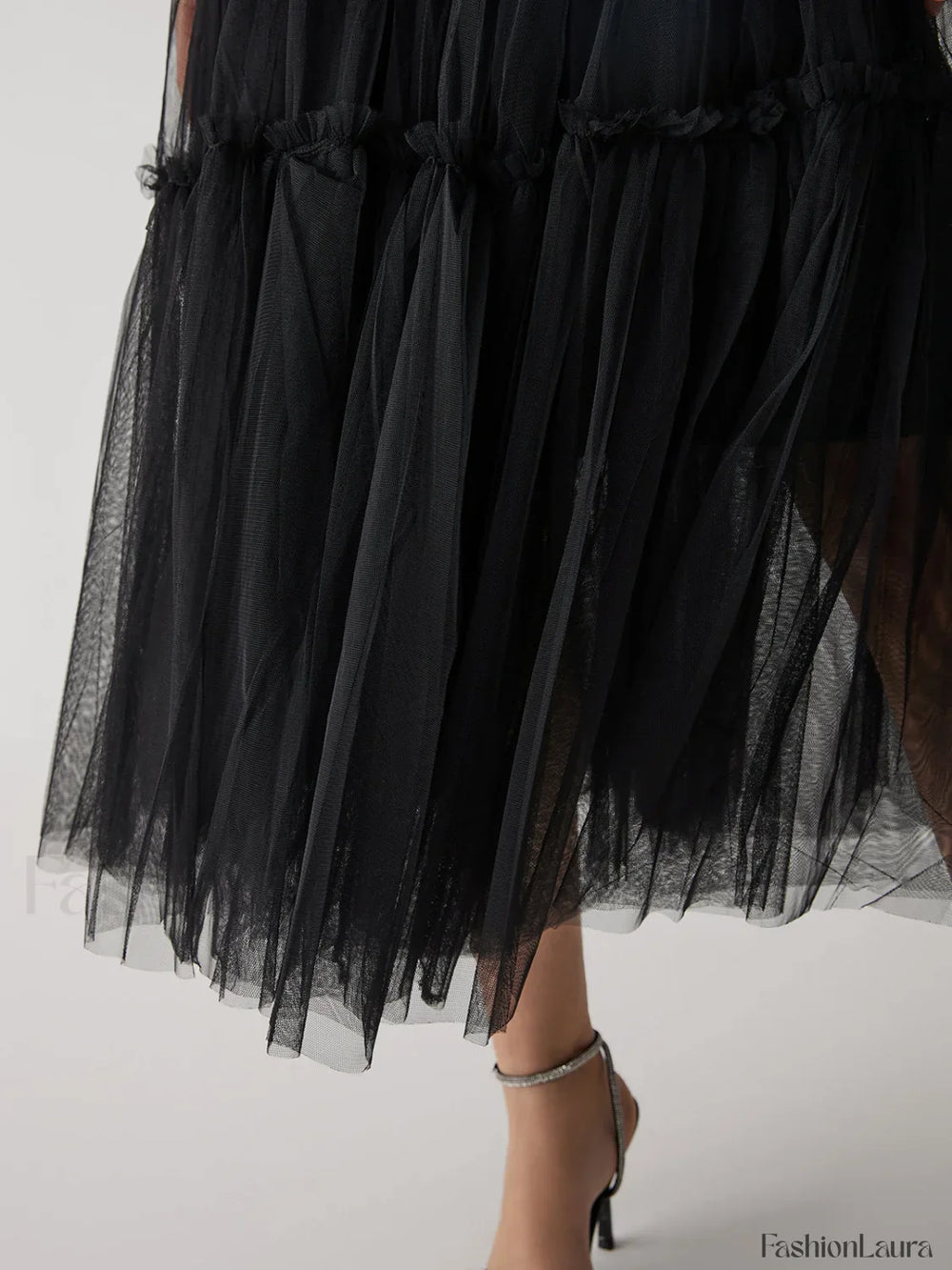 Solid Mesh Graceful Midi Skirt Skirts