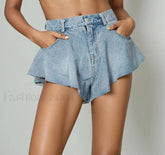 Solid Patchwork Button High Waist Spliced Casual Short SnowBlue / S