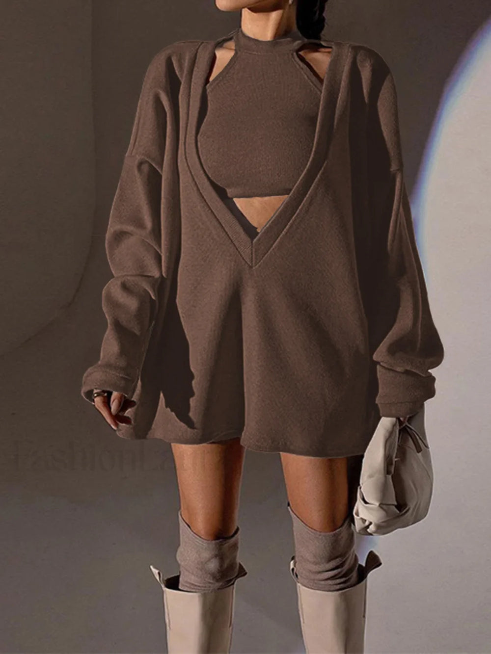 Solid Ribbed Knit Sweatshirt with Vest Sweatshirts