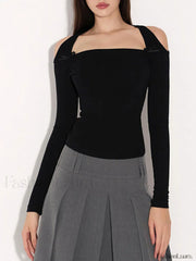 Solid Square Graceful Neck Off Shoulder Top Black / S T Shirts