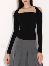 Solid Square Graceful Neck Off Shoulder Top Black / S T Shirts