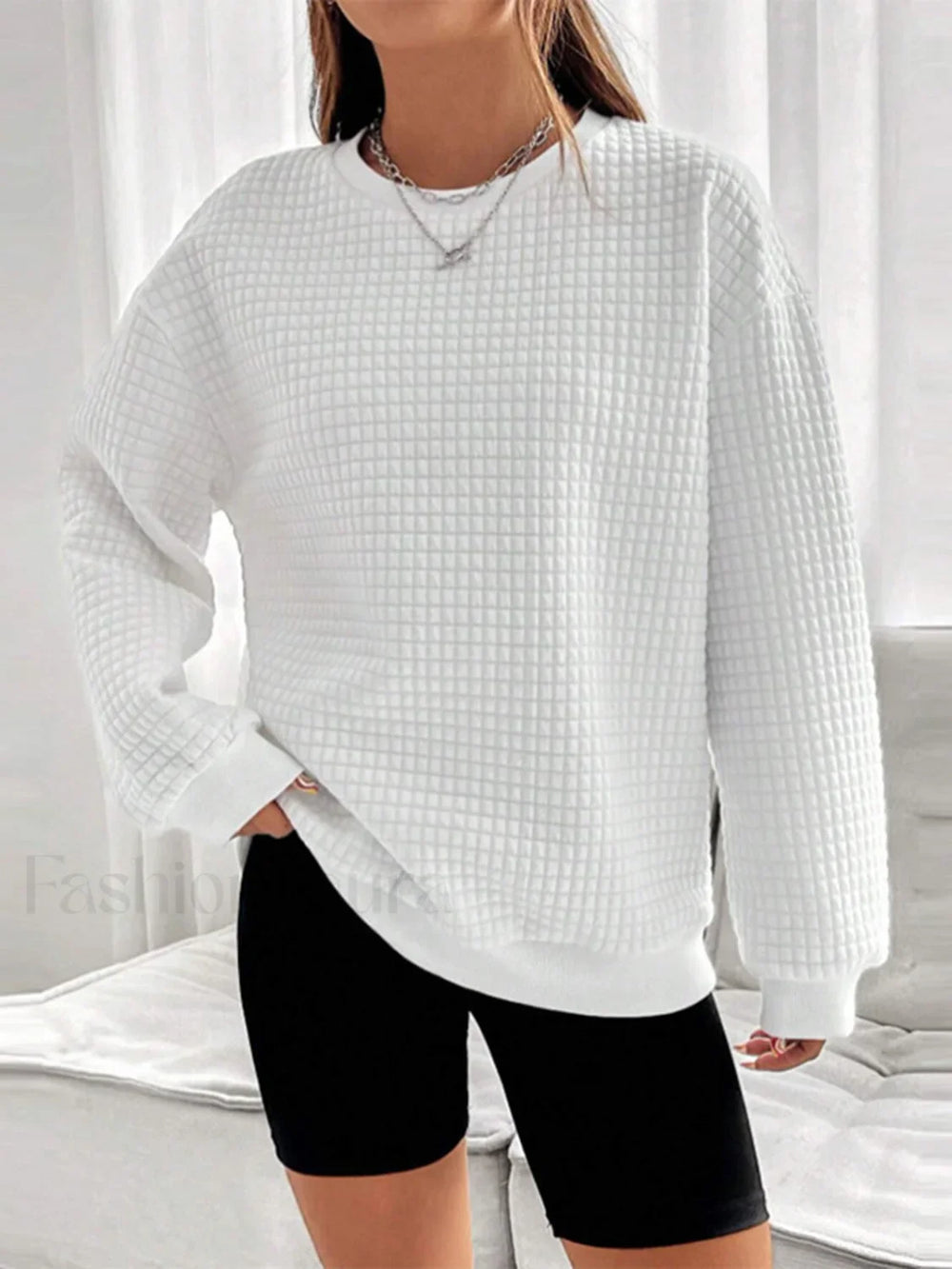 Solid Textured Graceful Crew Neck Sweatshirt White / XS Sweatshirts