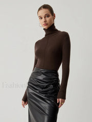 Solid Turtleneck Long Trendy Sleeve Knit Top Light Brown / S Sweaters L