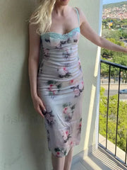 Spaghetti Strap Floral Print Party Dress Elegant Bodycon Floral Dress green / S