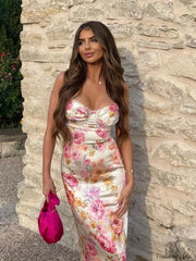 Spaghetti Strap Floral Print Party Dress Elegant Bodycon Floral Dress pink / S