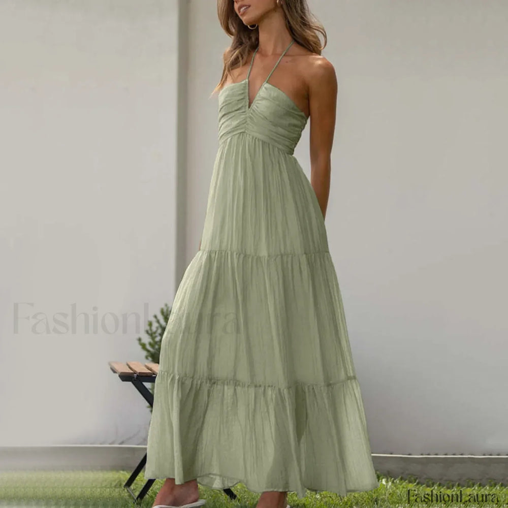 Spaghetti Strap V neck Floral Dress Green / S / CHINA