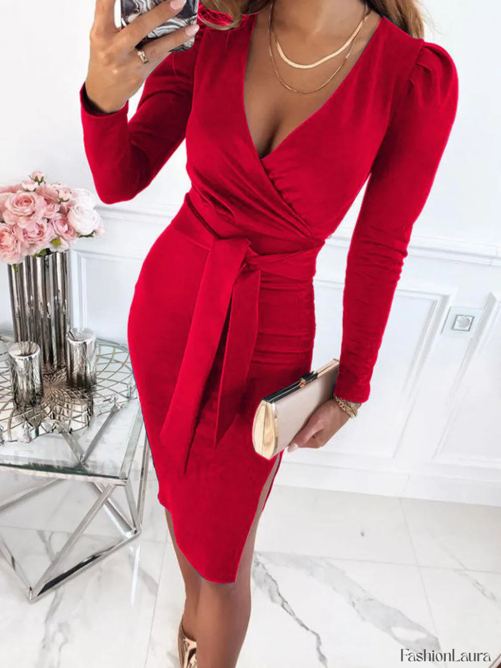 Split Long Sleeve Wrap Midi Dress Red / S Midi Dresses