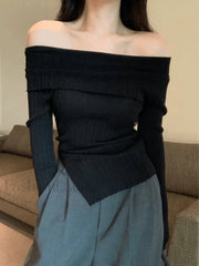 Split Off Shoulder Ribbed Knit Top Black / ONE SIZE Sweaters