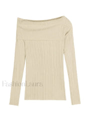 Split Off Shoulder Ribbed Knit Top Sweaters