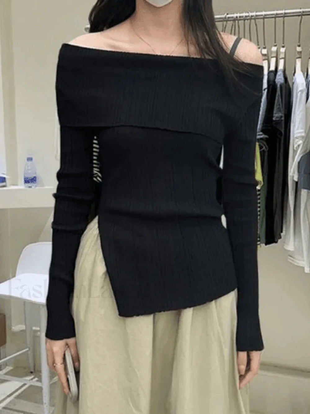 Split Off Shoulder Ribbed Knit Top Sweaters