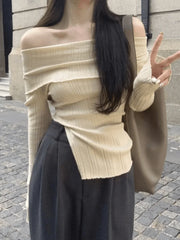 Split Off Shoulder Ribbed Knit Top Sweaters