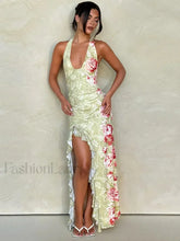 Split Print Halter Maxi Dress Light Green / S
