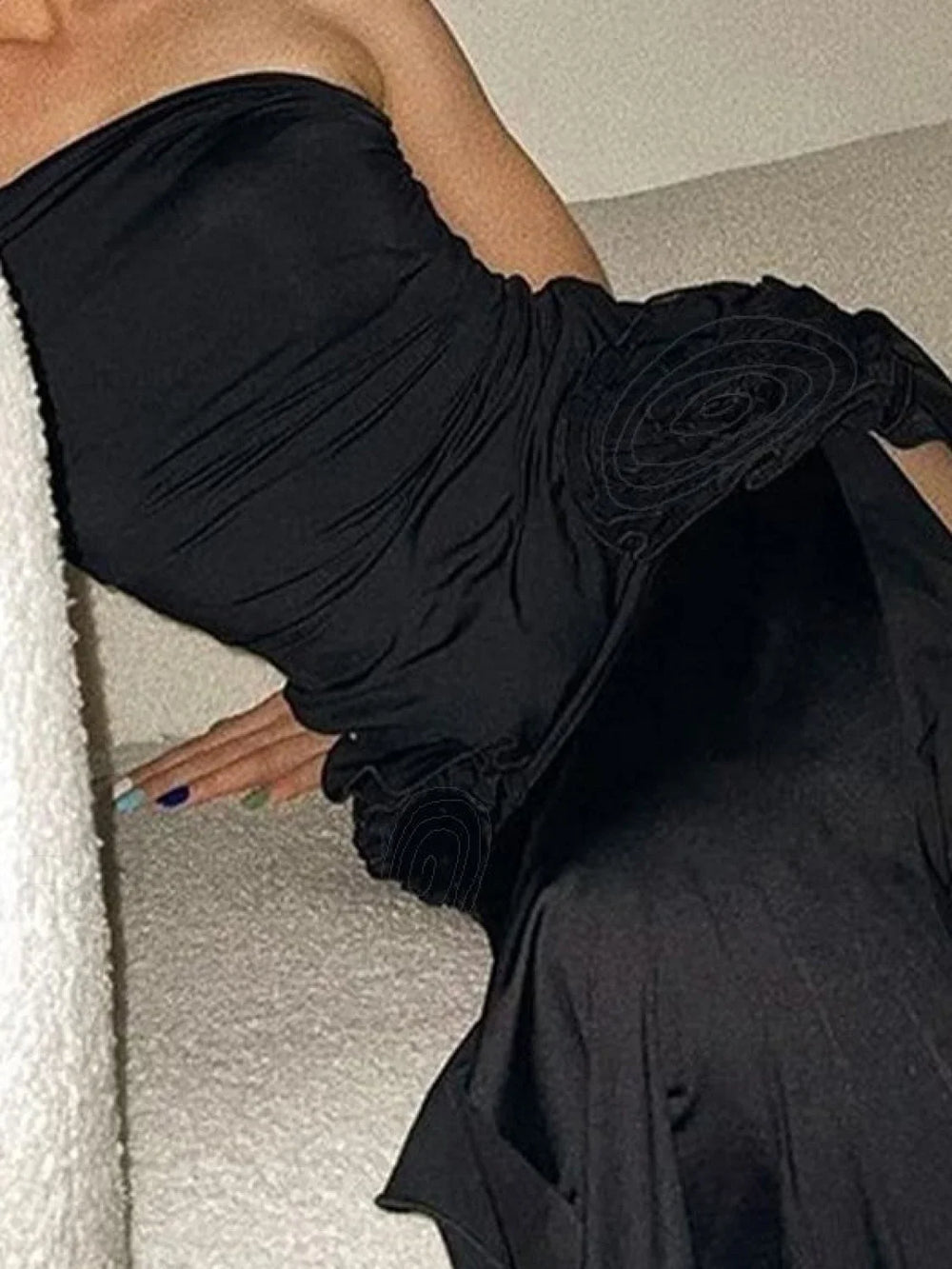 Split Ruffle Mesh Bandeau Maxi Dress Black / S Maxi Dresses