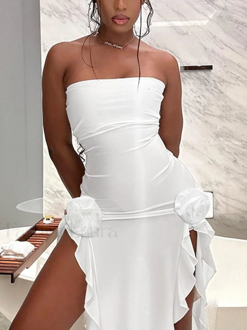 Split Ruffle Mesh Bandeau Maxi Dress Maxi Dresses