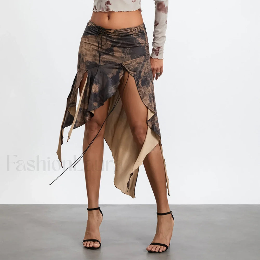 Split Tie Up Midi Ruffle Skirt