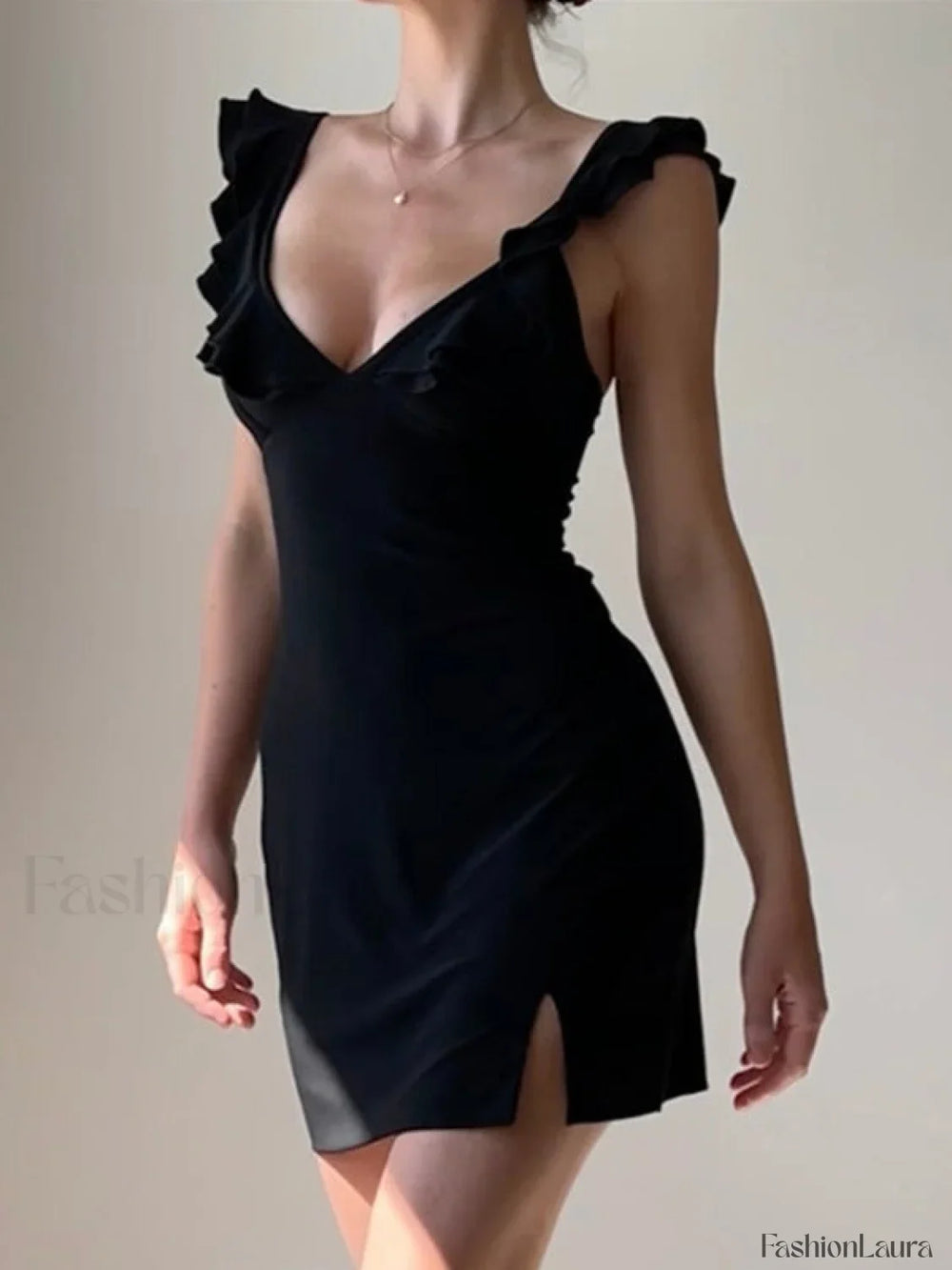 Split V Neck Mini Dress Black / S Mini Dresses