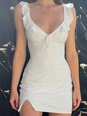 Split V Neck Mini Dress White / S Mini Dresses