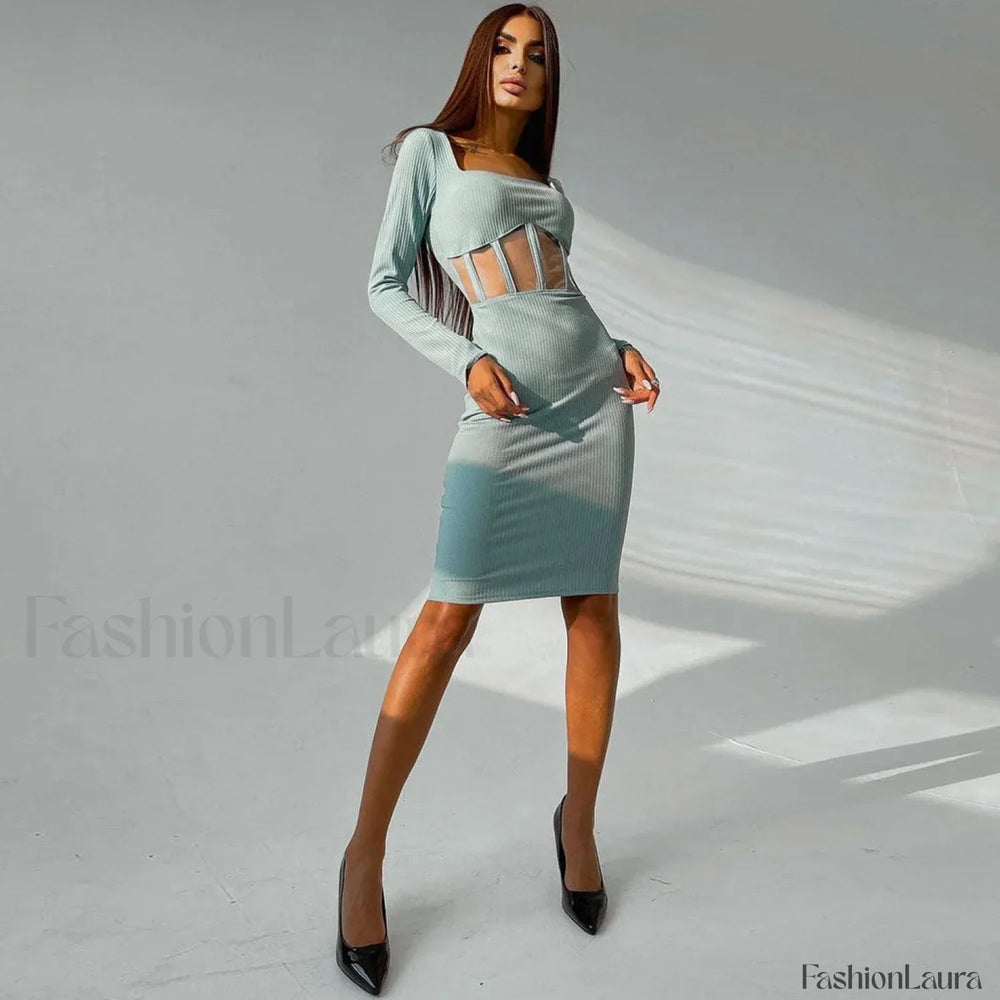 Square Neck Long Sleeve Mesh Panel Rib Knit Midi Dress Teal L / Teal Party Dresses