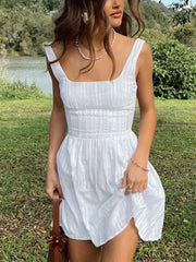 Square Neck Ruffles Mini Dresses White / S Mini Dresses