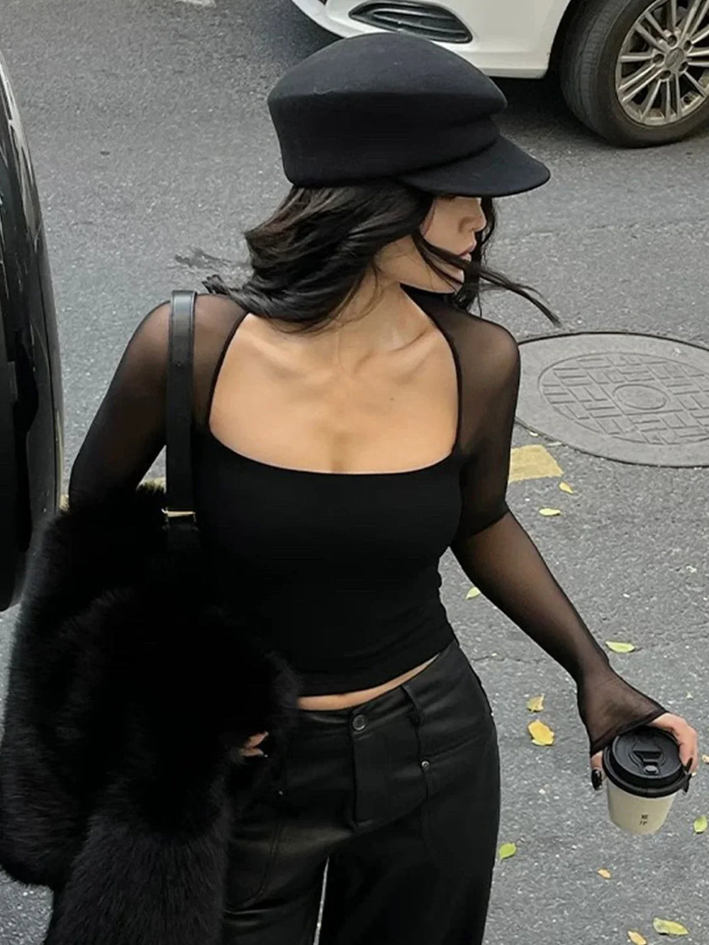 Square Neck Sheer Panel Crop T Shirt Black / XS T Shirts